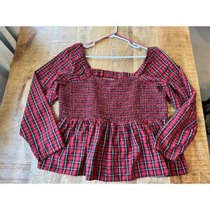 Old Navy Women's Long Sleeve Red Plaid Tartan Square Neck Peplum Blouse XXL